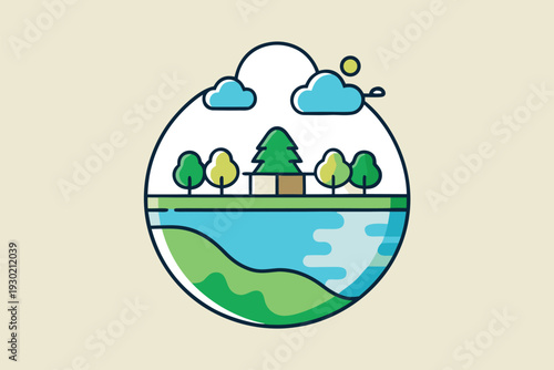 Whimsical flat vector illustration of a lakeside cabin surrounded by trees, hills, and clouds. Calm nature design evokes camping, eco travel, and outdoor adventure for branding, print, and web.