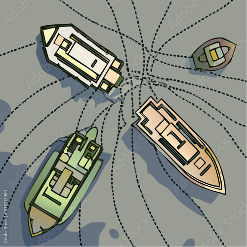 Overhead view of various boats navigating a waterway illustrating maritime activity and vessel movement.