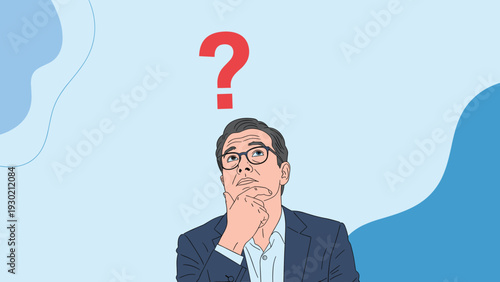 Pensive businessman looking up at a large red question mark while contemplating a difficult decision or problem.