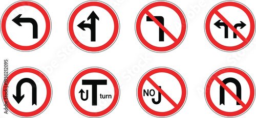 Red Circular Traffic Directional Sign Set with Prohibited U-Turn No Left Turn and Mandatory Movement Symbols for Urban Road Safety and Navigation System Designs