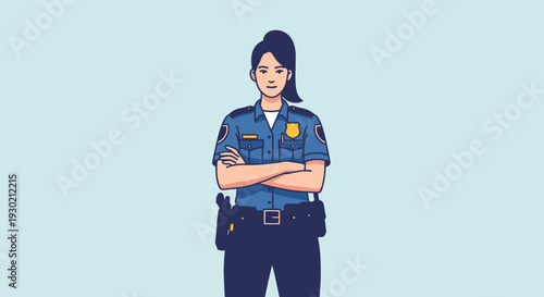 Confident Female Police Officer Standing with Crossed Arms in Uniform, Law Enforcement Portrait for Justice and Security Campaigns