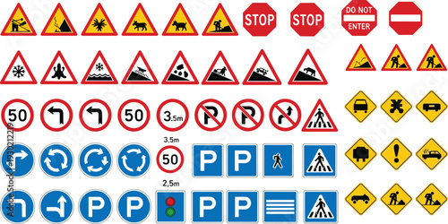 Comprehensive Traffic Sign Set with Warning Triangle Symbols Prohibited Parking Not Allowed Alerts Speed Limits and Urban Road Navigation Icons for Graphic Design