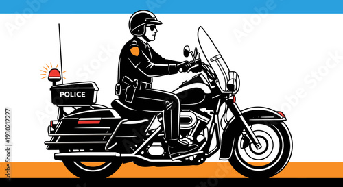 Detailed Illustration of a Police Officer Riding a Motorcycle with Emergency Lights On for Traffic Law Enforcement and Public Safety Campaigns