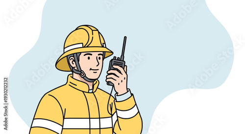 Emergency Firefighter in Protective Gear Communicating with Radio, Prepared for Crisis Situations in Urban Rescue Operations