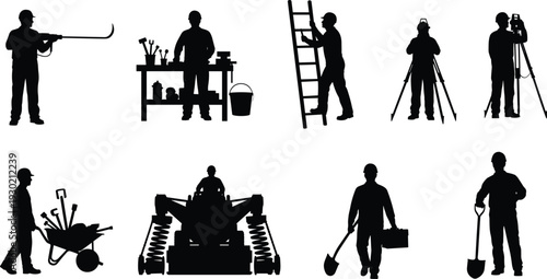 Construction Worker Silhouettes with Surveying Equipment, Ladder, Wheelbarrow and Heavy Machinery Isolated on White Background Industrial Labor Engineering Occupation Collection Set