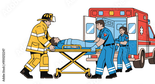 Emergency Medical Evacuation Scene with Paramedics and Firefighter Assisting a Person on a Stretcher Near Ambulance