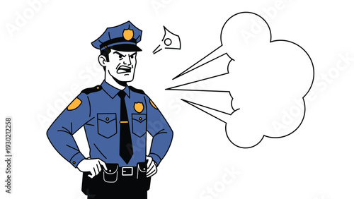 Stern policeman in blue police uniform with hands on hips and an angry expression with shouting graphic elements.