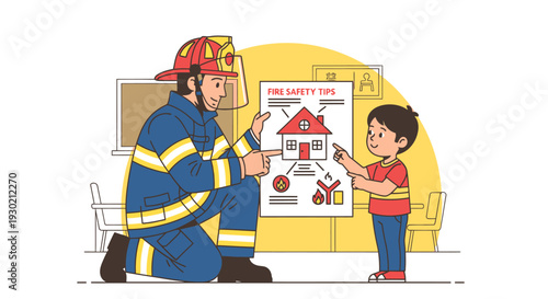 Fire Safety Education: Firefighter Demonstrating Fire Prevention Tips to a Child in a Classroom Environment