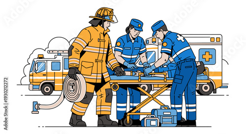 Emergency Rescue Team Conducting Life-Saving Medical Procedures with Ambulance Vehicles in the Background