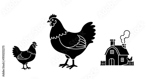 Black Silhouette of Chickens and Farmhouse.