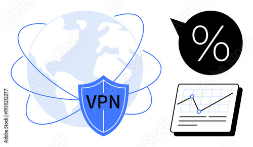 Earth surrounded by network lines, shield with VPN text, percentage speech bubble, analytics chart. Ideal for cybersecurity, privacy, cost savings, analytics, performance global communication