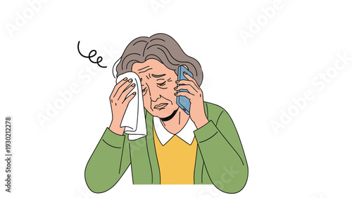 Ill senior woman with a high fever talking on her smartphone while holding a white wet towel to her forehead.