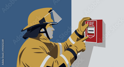 Firefighter Activating Safety Alarm with Fire Alarm System in a Modern Building Setting