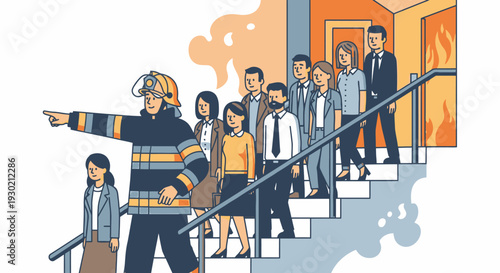 Fire Safety Training: A Firefighter Leading a Group of Business Professionals Down a Stairs During an Emergency Drill in a Modern Building
