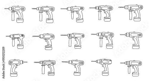 A collection of various drill icons in black silhouette, showcasing different types of power drills and hand tools in a minimal, flat design style against a clean white background.