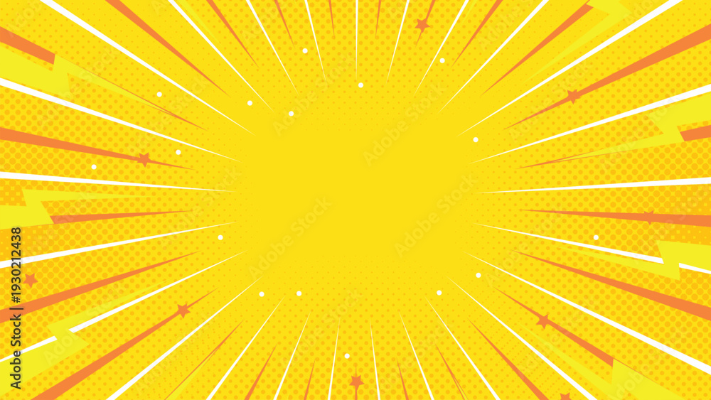 Obraz premium Yellow comic pop art background with dynamic radial burst, vibrant rays, and retro halftone style