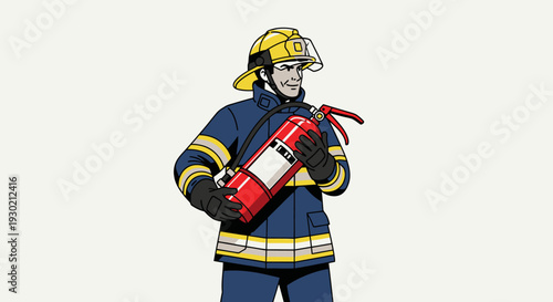 Firefighter in Protective Gear Holding a Fire Extinguisher Ready for Action, Symbolizing Fire Safety and Emergency Response Services