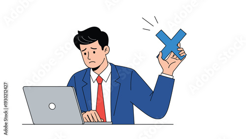 Sad businessman in a blue suit sitting at his laptop computer and holding up a blue cross sign indicating a mistake or a negative result.