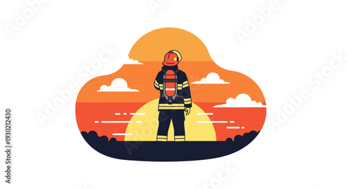Firefighter in Protective Gear Standing Amidst Sunset Scene Evoking Safety and Heroism