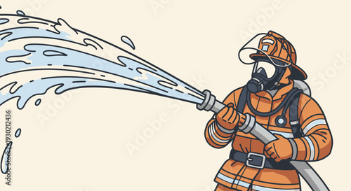 Firefighter in Protective Gear Operating a High-Pressure Fire Hose for Emergency Response and Firefighting Drills