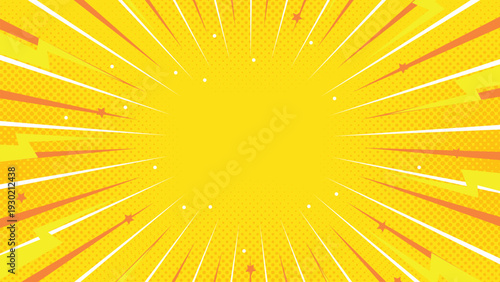 Yellow comic pop art background with dynamic radial burst, vibrant rays, and retro halftone style