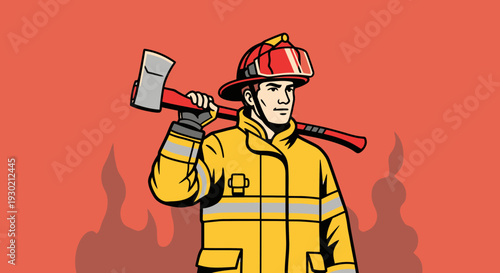 Firefighter in Protective Gear with Axe and Helmet Ready for Emergency Response, Symbol of Courage and Public Safety