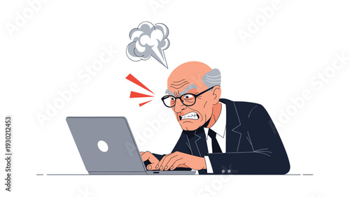 Angry and frustrated senior businessman with glasses typing on his laptop while steam comes out of his head representing extreme stress.