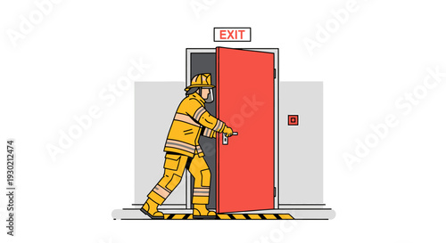 Firefighter Installing a Red Exit Door in a Modern Building for Emergency Safety and Building Evacuation Preparedness