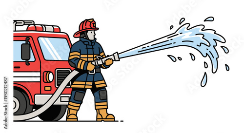 Firefighter Operating Fire Hose to Extinguish Flames: Emergency Fire Response and Rescue Scene Illustration