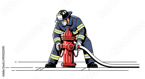 Firefighter Operating Fire Hydrant in Emergency Response Scene, Urban Fire Safety Concept