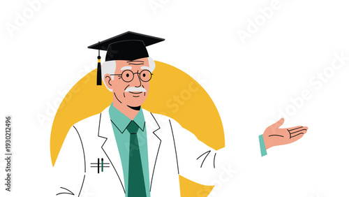 Wise senior professor wearing a white lab coat and a black graduation cap gesturing with one hand to explain a concept to his students.