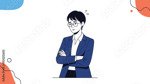 Confused and worried businesswoman wearing glasses and a blue suit standing with her arms crossed while thinking with floating questions.