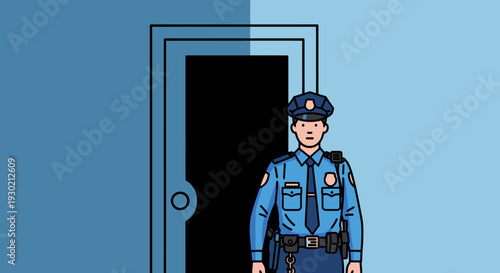 Focused Police Officer Standing Guard Outside a Modern Door in Uniform for Security and Law Enforcement Themes