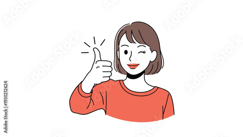 Beautiful young woman with short brown hair winking and giving a thumbs up gesture with a positive and confident smile on a plain background.