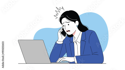 Worried young businesswoman in a blue suit talking on the phone while working on her laptop computer with a look of concern and stress.