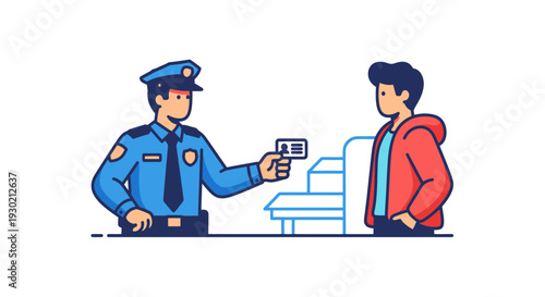 Friendly Security Check-In Scene with Police Officer and Young Man at Reception Area, Perfect for Travel, Security, and Customer Service Concepts