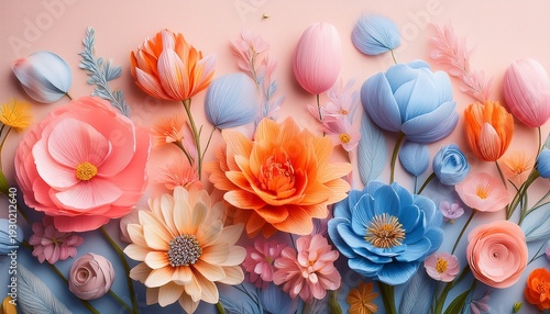 Colorful Illustration Of Flowers In Various Pink Blue Orange Hues On Pastel Background