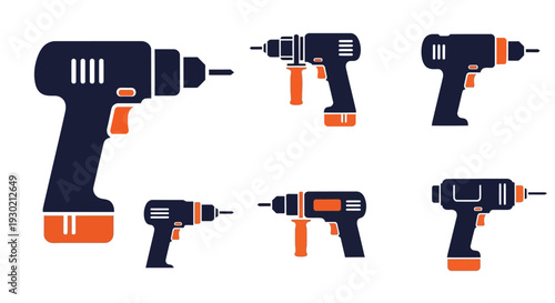 A set of six modern vector drill icons in black and orange, featuring various types of power drills and hand tools in a minimal style on a white background.