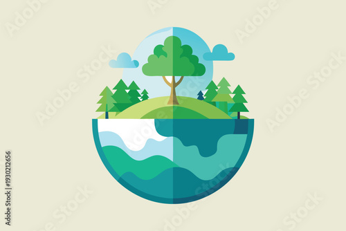 Eco Globe Illustration With Tree And Forest On Water Representing Earth, Nature, Sustainability And Environment