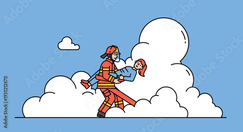 Heroic Firefighter Rescuing a Child from Cloudy Sky Illustration - Emergency Response and Rescue Concept