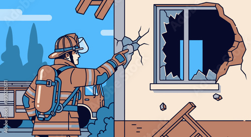 Heroic Firefighter Breaking Glass Window in Emergency Scene with Urban Background, Concept of Rescue and Disaster Response