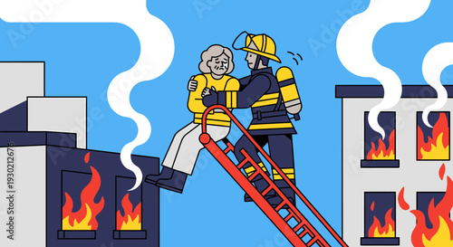 Heroic Firefighter Rescuing an Elderly Woman from Burning Building During Urban Fire Emergency