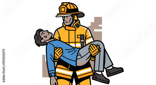 Heroic Firefighter Rescuing Injured Person from Fire Emergency Scene, Emergency Response, Saving Lives Illustration