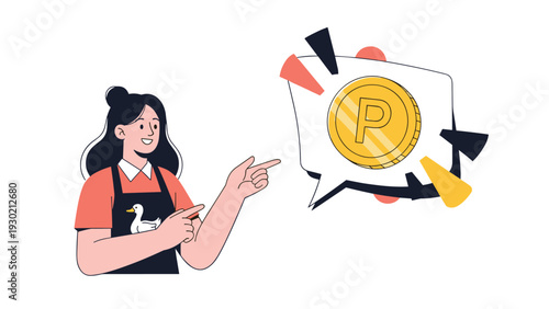 Young woman wearing a black apron with a duck logo pointing both fingers toward a large speech bubble containing a gold point coin icon.