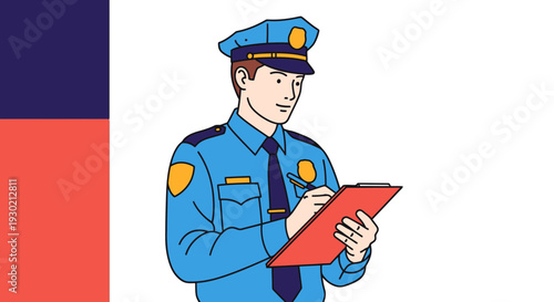 Police Officer in Uniform Taking Notes with a Pen and Notepad for Law Enforcement and Security Documentation