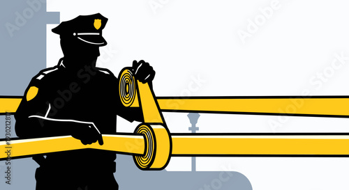 Police Officer Inspecting Crime Scene Tape for Security and Law Enforcement Situations