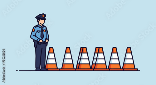 Police Officer Monitoring Traffic Cones at Roadblock for Safety and Security Measures
