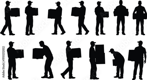 Delivery Man and Warehouse Worker Silhouettes Carrying Cardboard Boxes Isolated on White Background Logistics Shipping Moving Service Occupation Collection Set