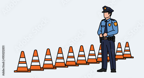 Police Officer Standing Near Traffic Cones at Roadblock Scene for Traffic Control and Safety Enforcement
