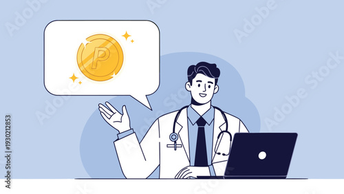 Male doctor in a white coat sitting at his laptop computer gesturing with one hand toward a speech bubble containing a gold point coin.